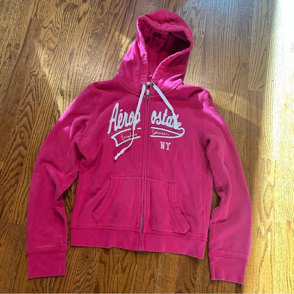 Aeropostale Y2K Hoodie Sweatshirt Women's M Pink Full Zip Embroidered NY 87 - Picture 1 of 5